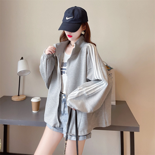 Real shot of 35 cotton Korean style loose large size embroidered zipper cardigan autumn thin sweatshirt for women