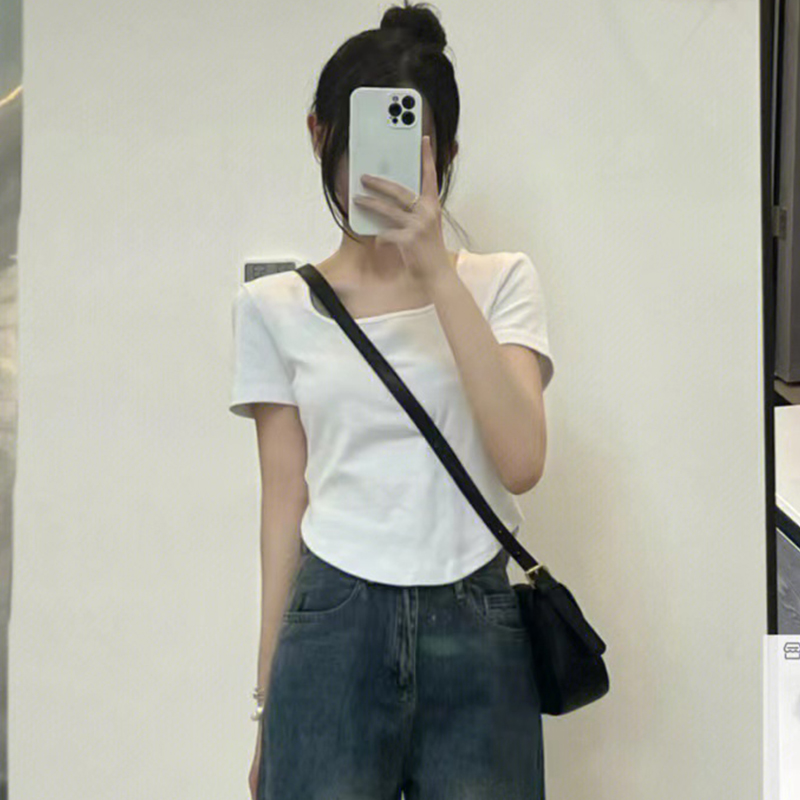 設計感小眾正肩不規則方領短袖T恤女夏辣妹短款高腰修身顯瘦上衣
