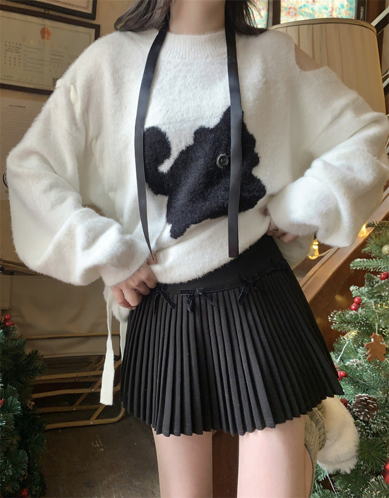 Real shot ~ off-shoulder kitten sweater for women, autumn and winter niche design, loose knitted sweater top, trendy