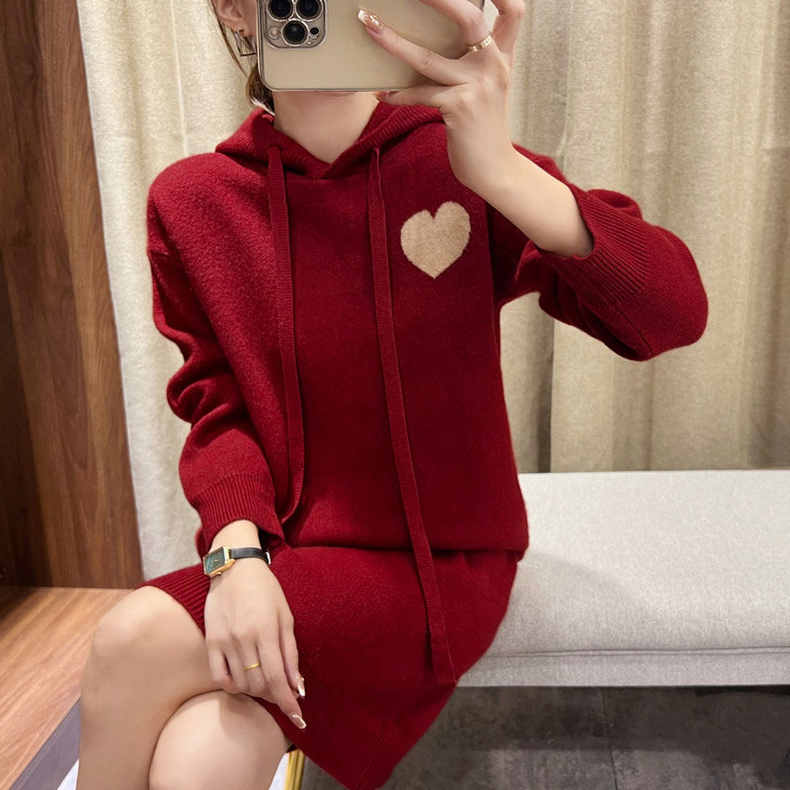 Tmall quality mid-length hooded sweater women's loose lazy style outer wear thickened knitted hoodie sweatshirt
