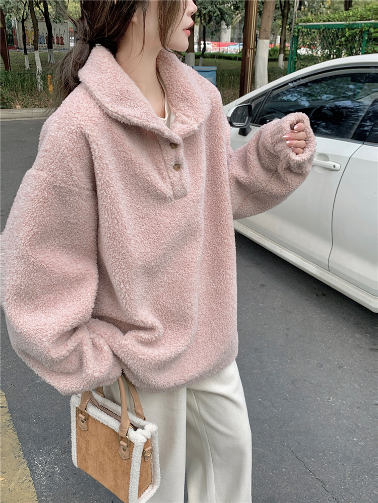 Real shot!  Thickened polo collar lamb wool loose polar sweatshirt for women Korean style lazy style soft waxy velvet sweater