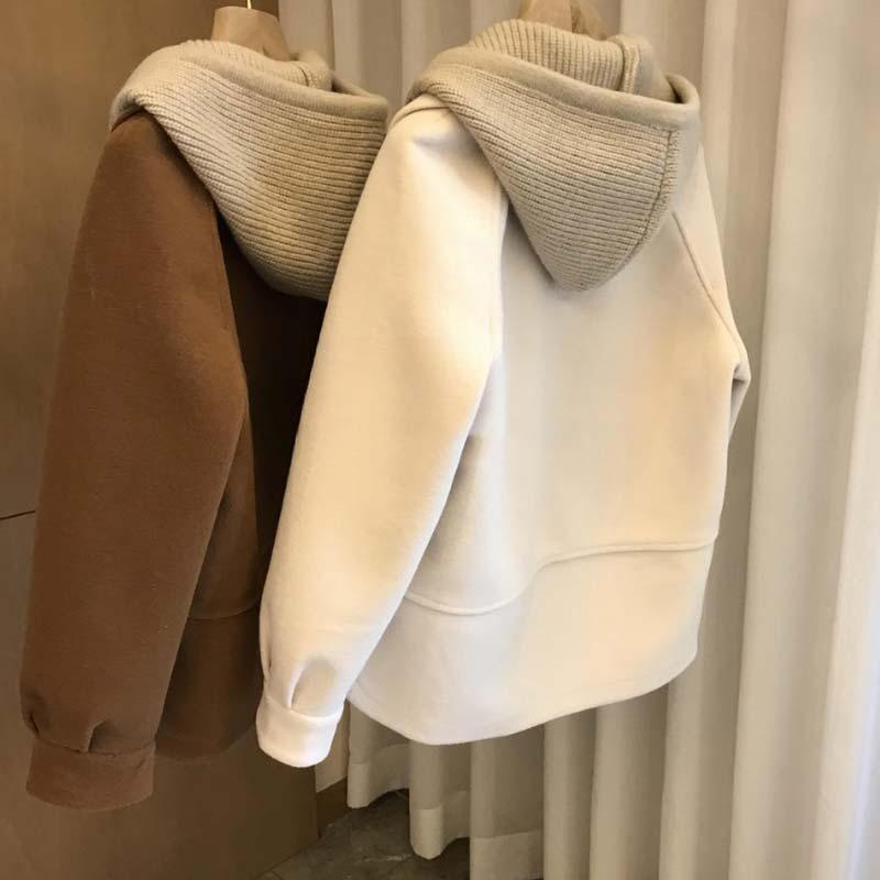 Large size high-end knitted hooded fake two-piece thick top for fat mm autumn and winter new plush woolen coat for women