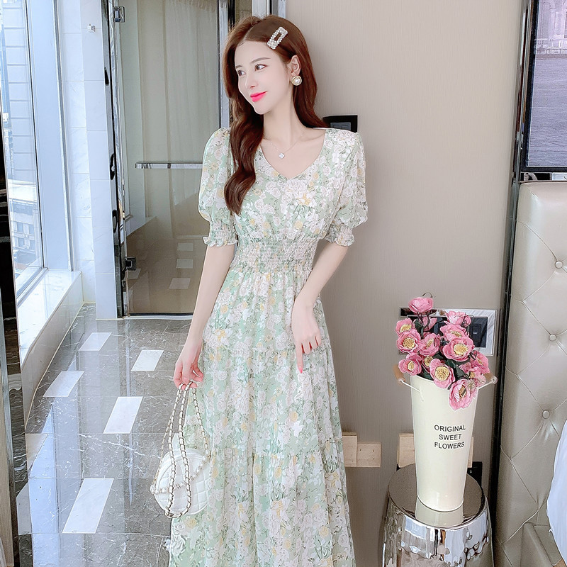 歐美時尚新款溫柔風甜美仙女碎花裙小清新V領高腰顯瘦連衣裙a字裙