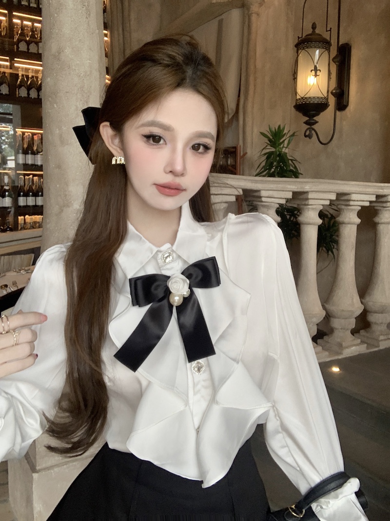 實拍 法式輕奢宮廷風氣質甜美荷葉邊拼接蝴蝶結單排扣純色襯衫女