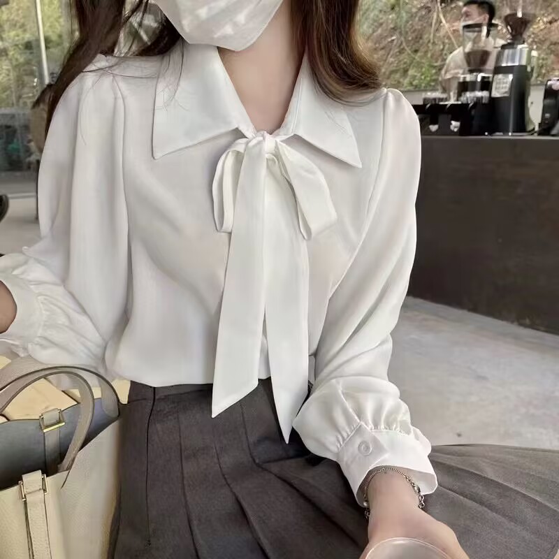 Lantern sleeve temperament autumn and winter bow shirt white shirt women's long-sleeved tie design professional top