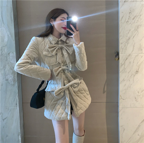 Real shot!  Elegant and designed bow-knot cotton coat with rhombus plaid early spring back slit jacket for women trendy