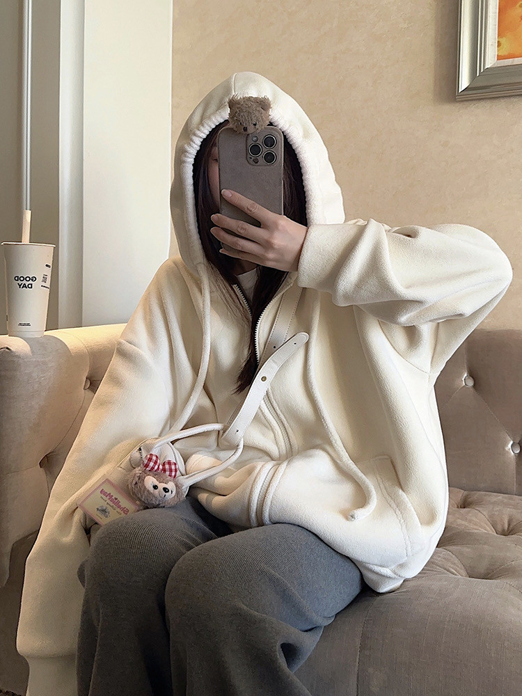 Plush velvet thickened hooded sweatshirt for women winter Korean version 2023 new design BF loose long-sleeved top