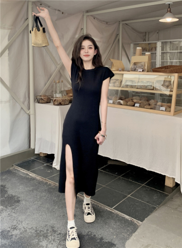 Actual shot spring~tea break French dress for women high waist solid color slimming knitted long skirt with slits for women