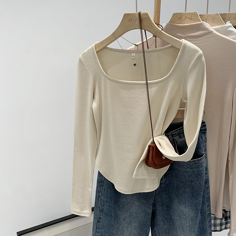 Actual pictures of solid color square collar mousse cashmere slimming bottoming shirt
