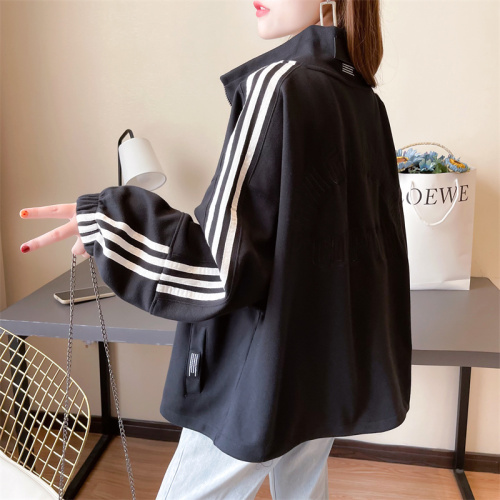 Real shot of 35 cotton Korean style loose large size embroidered zipper cardigan autumn thin sweatshirt for women