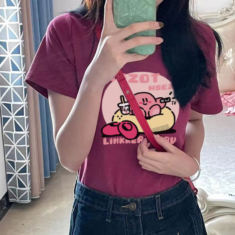 正肩短袖女夏季2023新款玫紅色純棉T恤設計感修身顯瘦打底衫上衣