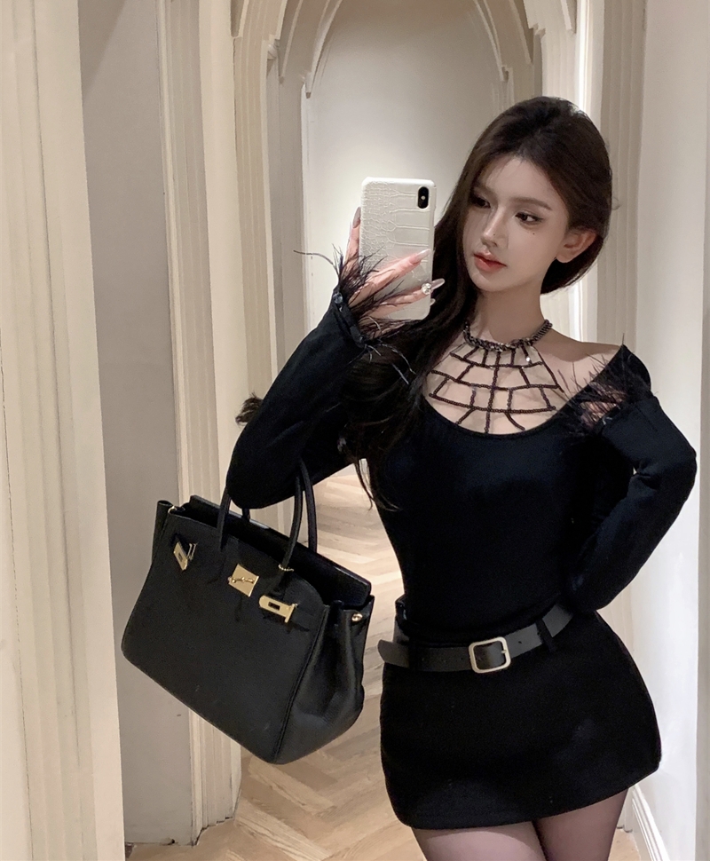 Real shot Autumn and winter mesh splicing design slim hot girl black versatile long-sleeved T-shirt top for women