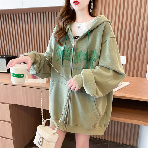 First real shot of cotton Korean style loose large size hooded embroidered horn zipper thin sweatshirt for women