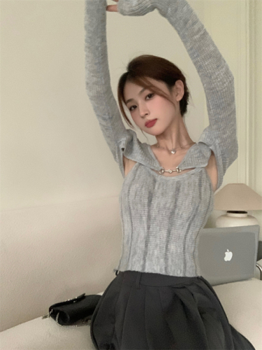 Real shot Commuting solid color mohair long-sleeved tops for women autumn short simple knitted cardigan two-piece set