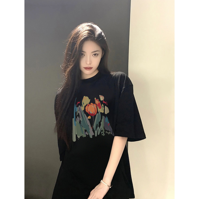 復古chic黑色圓領短袖T恤女2023夏季新款小個子港味寬鬆白色上衣
