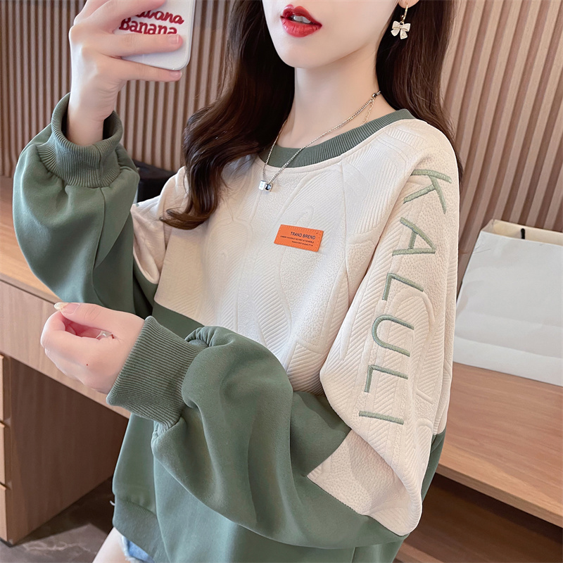 首發實拍夾層提花配350克CVC螺紋早秋小個子圓領長袖衛衣女