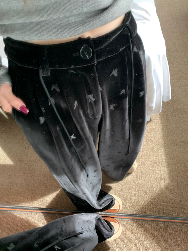 ASHENONLINE蝴蝶書籤 冬季女寬鬆直筒高腰闊腿黑色原創燙花加絨褲
