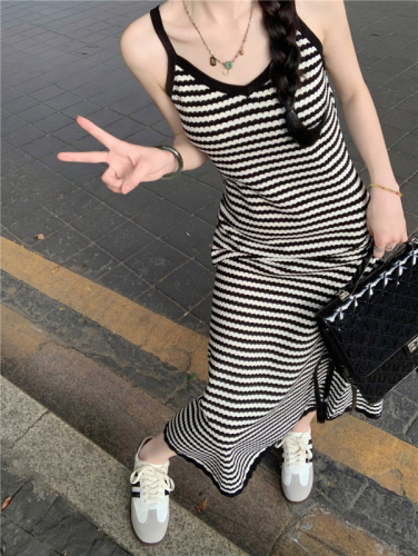 Real shot Spring ~ 2024 Korean style striped versatile suspender knitted dress v-neck lazy skirt