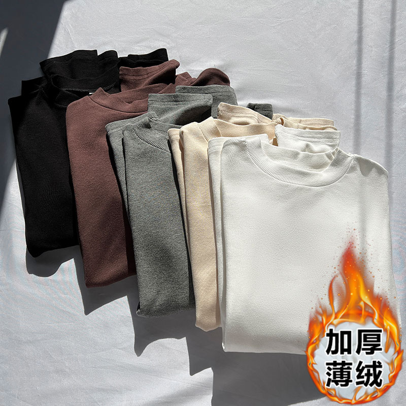 Real shot of European solid color half turtleneck long-sleeved bottoming shirt for women in autumn and winter with high-end slim fit brushed T-shirt