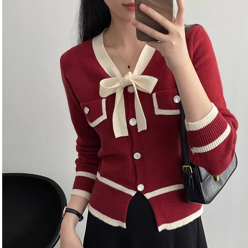 天貓質量蝴蝶結撞色系帶新年毛衣女秋冬款韓系小香風針織開衫