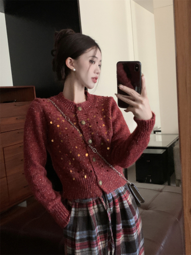 Actual shot ~ Korean style round neck single breasted sequined heavy duty short style loose slimming thickened long sleeve knitted cardigan