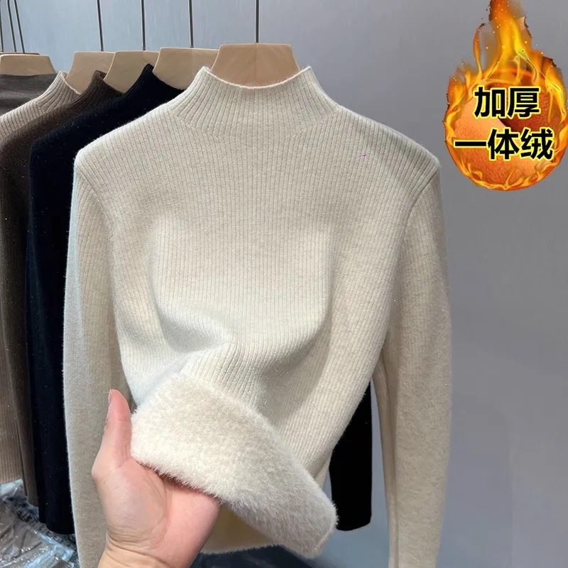 天貓品質加絨毛衣女加厚一體絨修身內搭半高領套頭打底針織衫