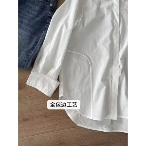 White cotton shirt for women, summer, spring and autumn design, niche petite shirt, French chic long-sleeved top