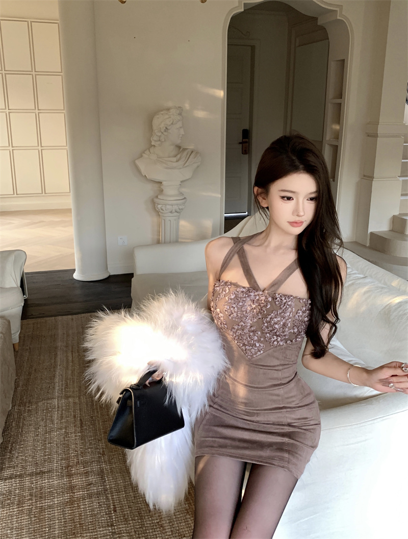 實拍 名媛吊帶裙性感辣妹修身拼接連衣裙紫色短裙裙子