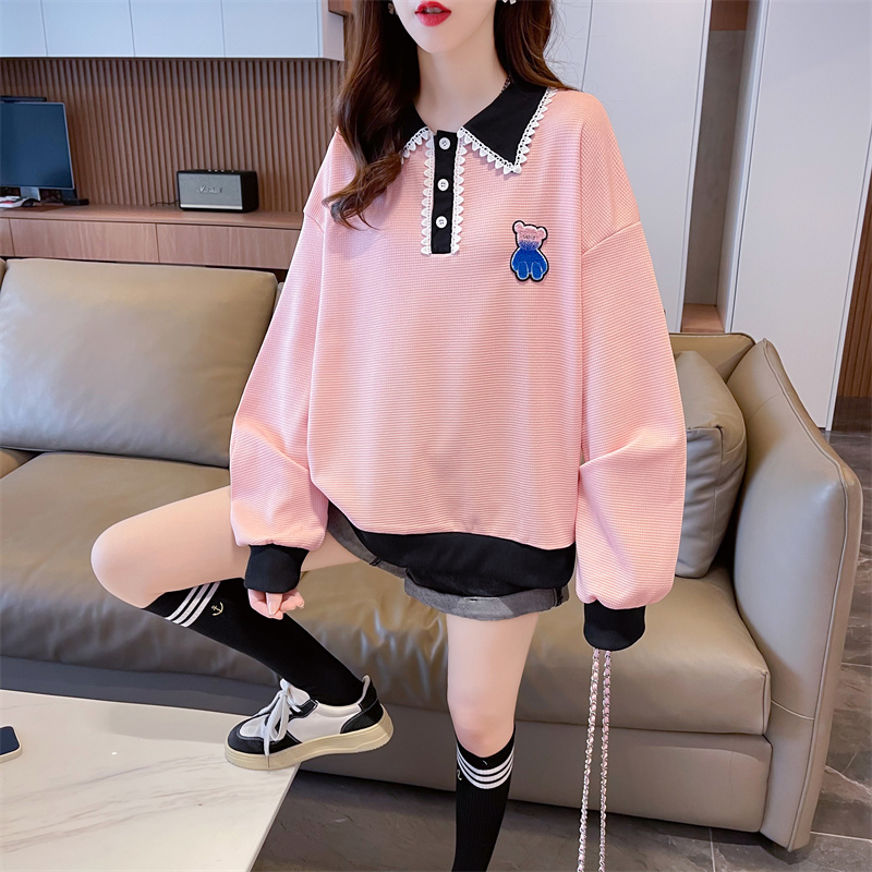 實拍後包領華夫格大碼女裝春秋薄長袖衛衣女韓版寬鬆設計感上衣
