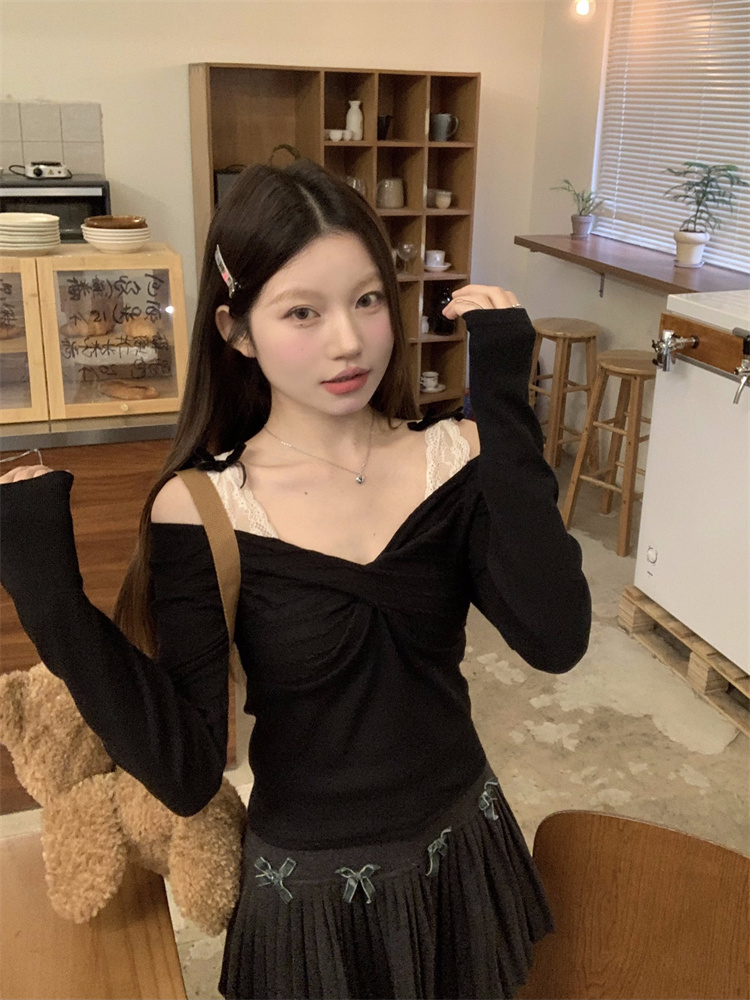 Real shot!  Sweet and spicy bow fake two-piece slim fit and versatile bottoming shirt top