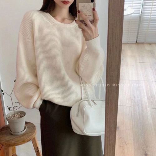 Lazy style pink pullover sweater for women new autumn style loose slimming chic solid color sweater sweater