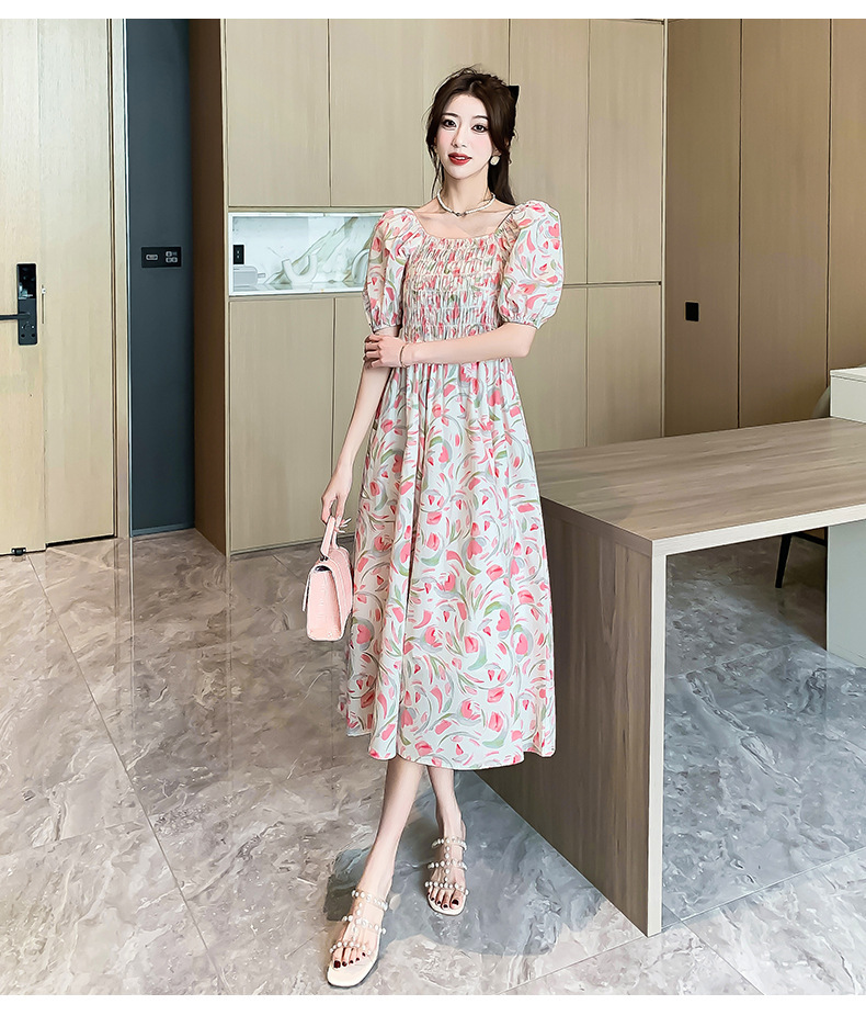 歐美法式方領碎花連衣裙女新款收腰裙長款短袖仙女粉色小裙子