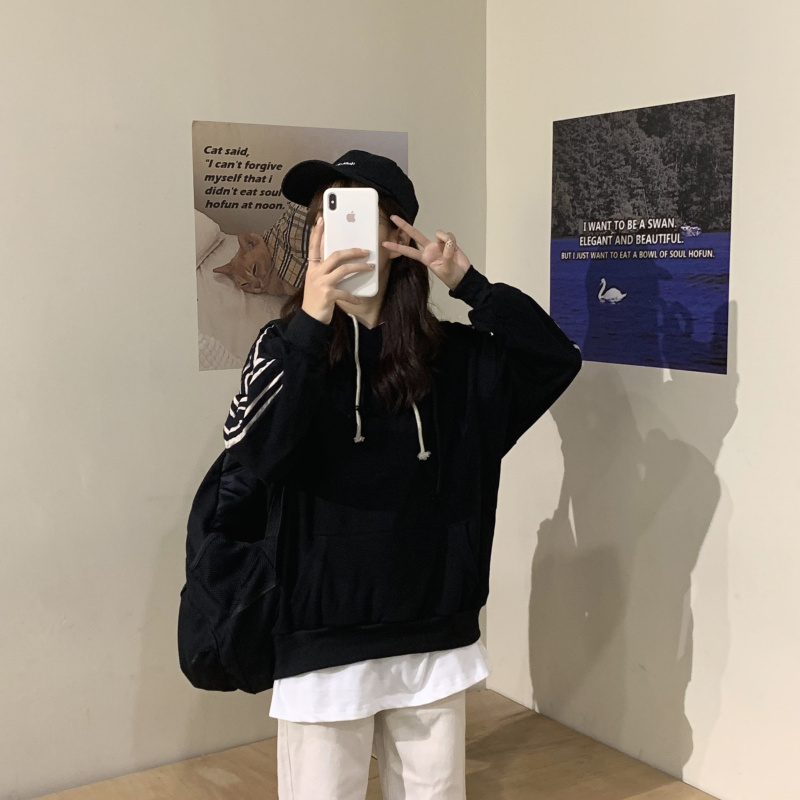 Actual Korean version of fake two-piece hooded versatile loose slimming long-sleeved sweatshirt