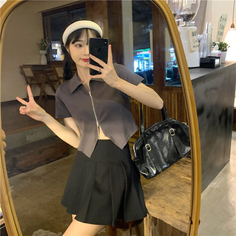 Irregular threaded niche short style irregular zipper polo collar short-sleeved T-shirt women's summer right shoulder design