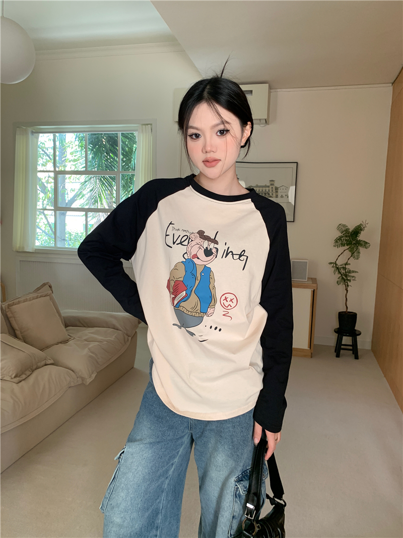 Real shot American retro cartoon raglan long-sleeved loose T-shirt