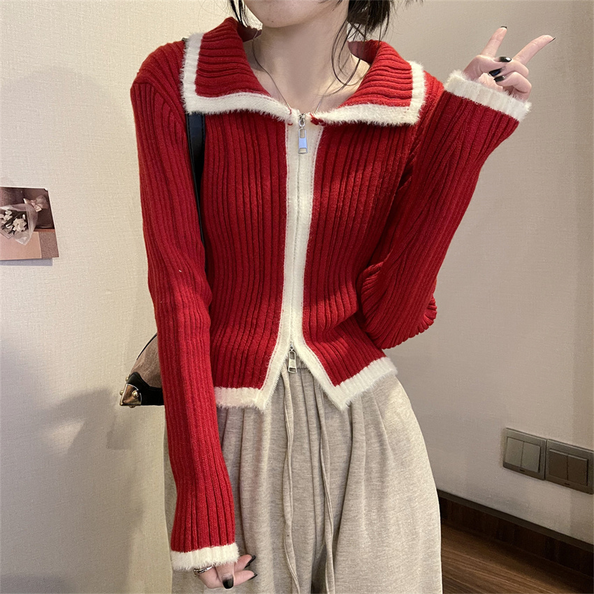 Real shot of red knitted cardigan for women in the year of birth, autumn and winter slim waist double zipper sweater bottoming shirt
