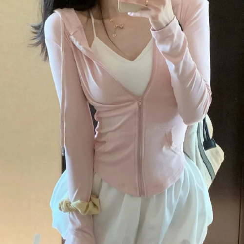 Slim fit, lazy style long-sleeved cardigan for women, versatile thin ice cream color hooded thin zipper jacket