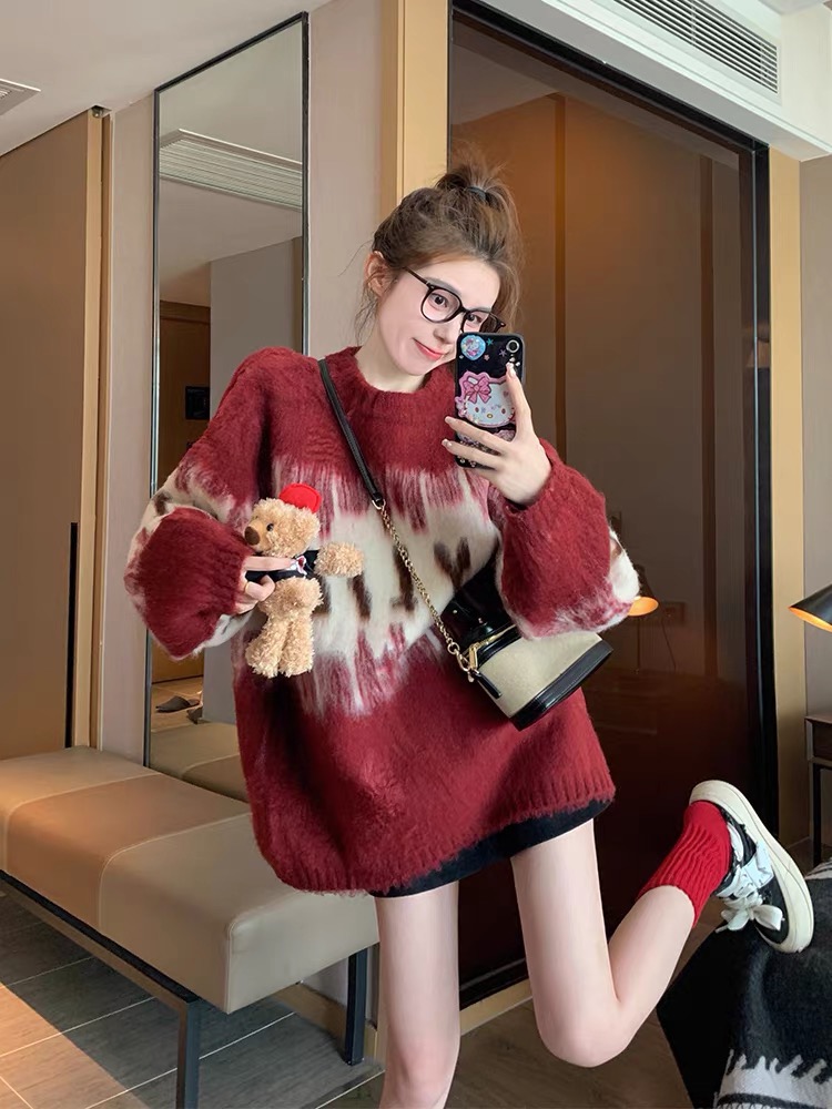 紅色毛衣女秋冬2023新款本命年暈染寬鬆慵懶風加厚打底衫針織上衣