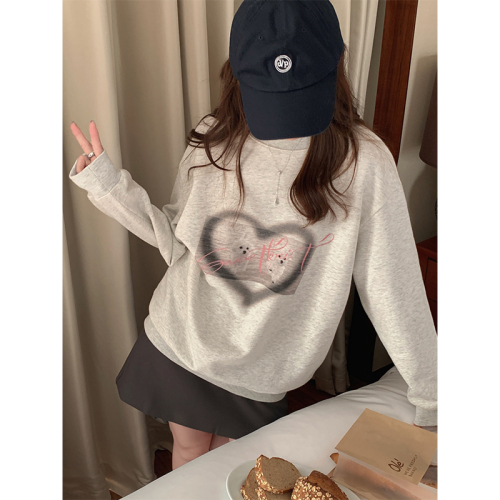 Real shot of love printed sweatshirt jacket for women autumn and winter 2023 new Korean style lazy style loose and versatile gray top