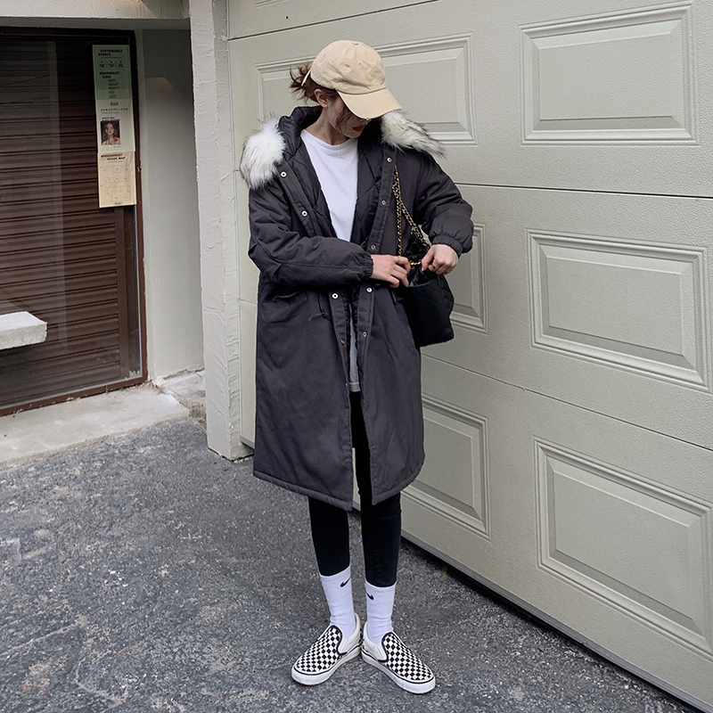 Actual shot~Three standards together~Winter Korean new style fur collar mid-length thickened quilted hooded cotton jacket
