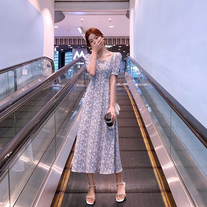 韓國泡泡袖碎花方領顯瘦時尚小清新雪紡短袖中長款連衣裙夏季新款