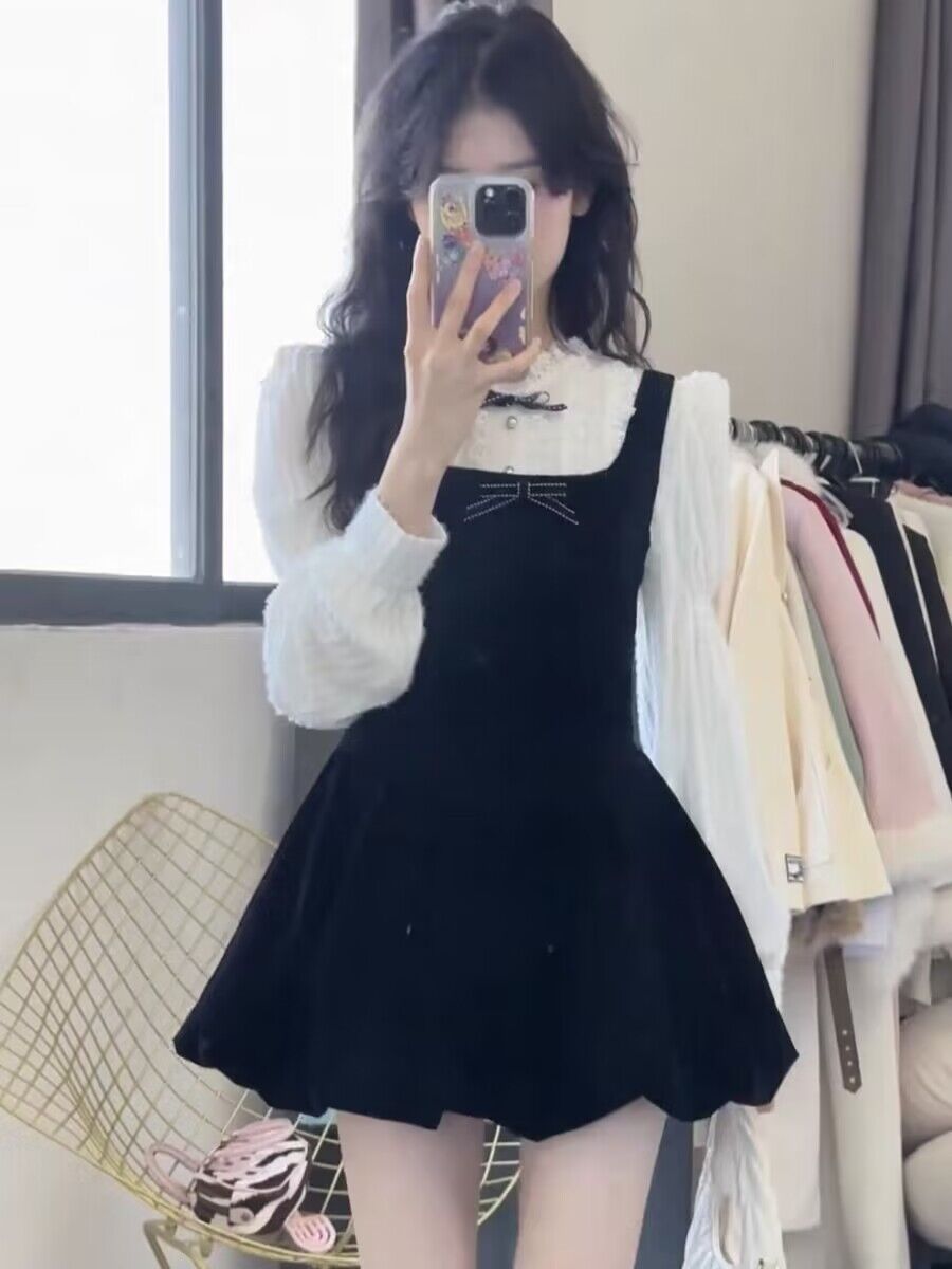 法式千金小個子設計感蝴蝶結套裝女秋冬氣質碎花吊帶連衣裙兩件套