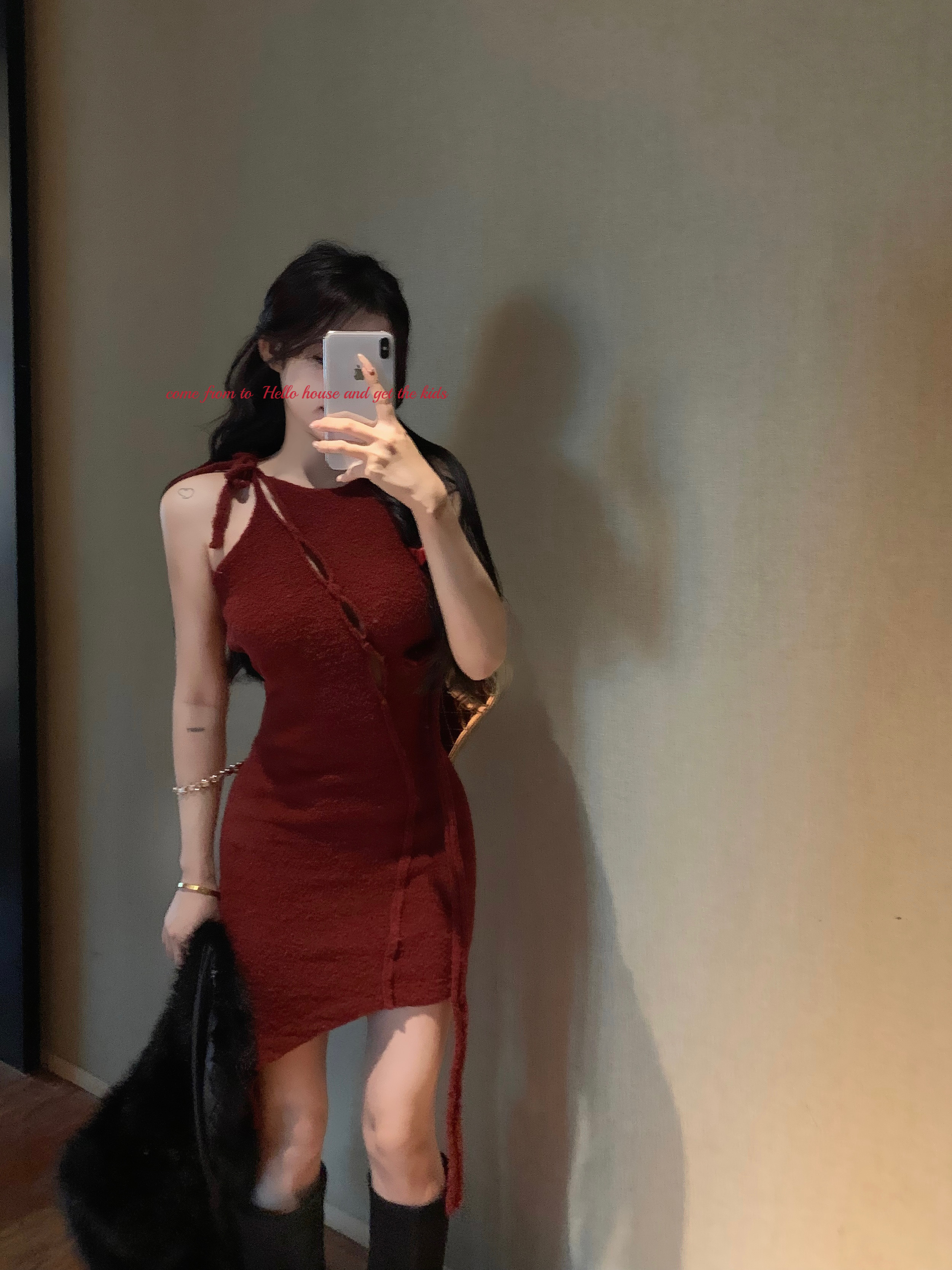 Real shot ~ sexy style hollow lace burgundy knitted short skirt dress slim hot girl retro pure desire