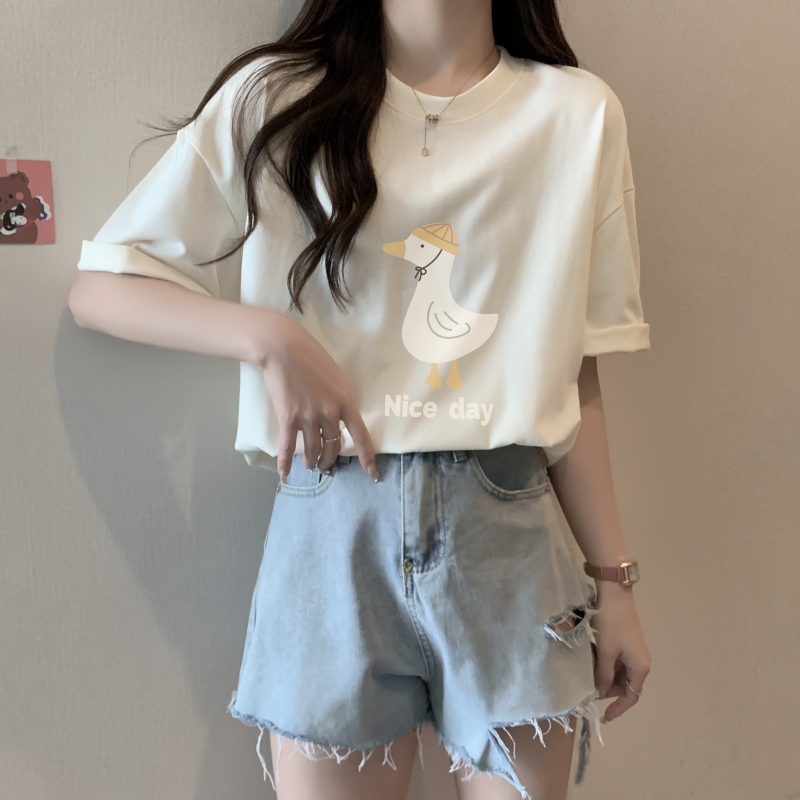 實拍 100%棉精梳純棉 印花夏裝短袖T恤女寬鬆韓版