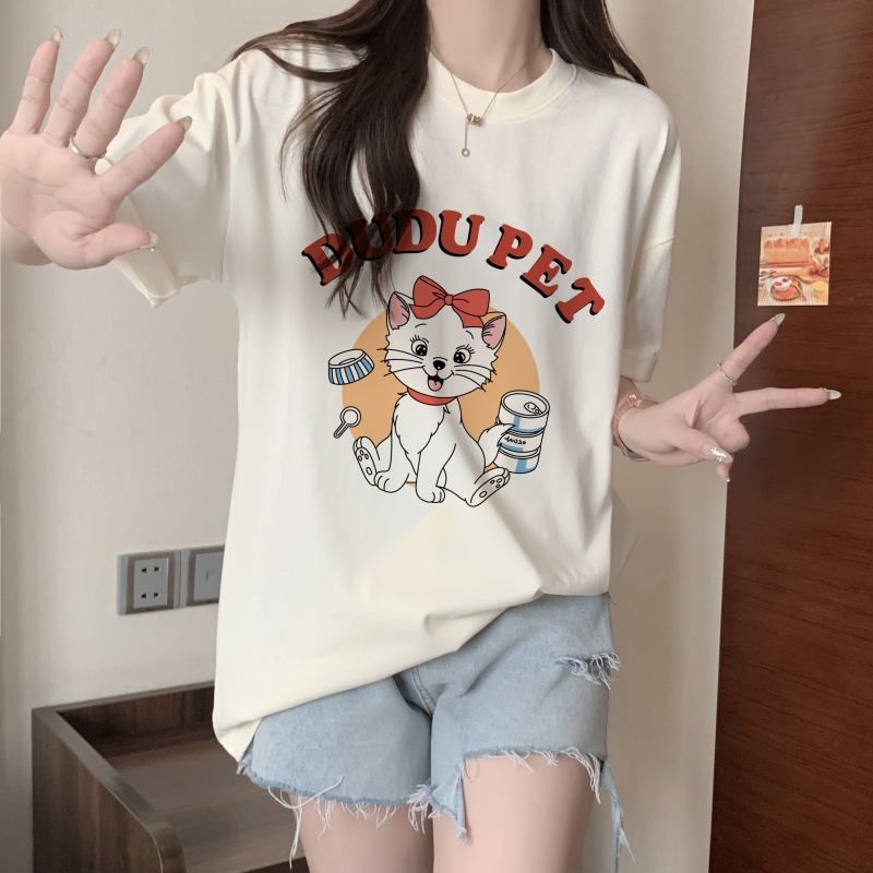 實拍 100%棉精梳純棉 印花夏裝短袖T恤女寬鬆韓版