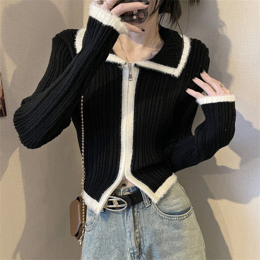 實拍毛毛拼接針織衫女裝秋冬辣妹翻領新年紅色毛衣開衫
