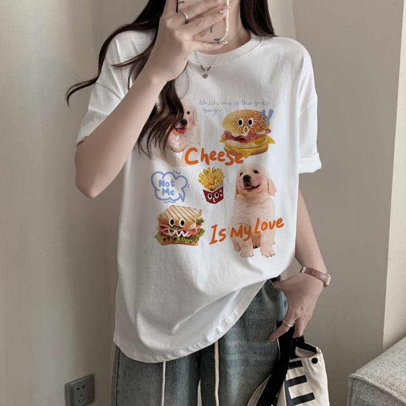 實拍 100%棉精梳純棉 印花夏裝短袖T恤女寬鬆韓版