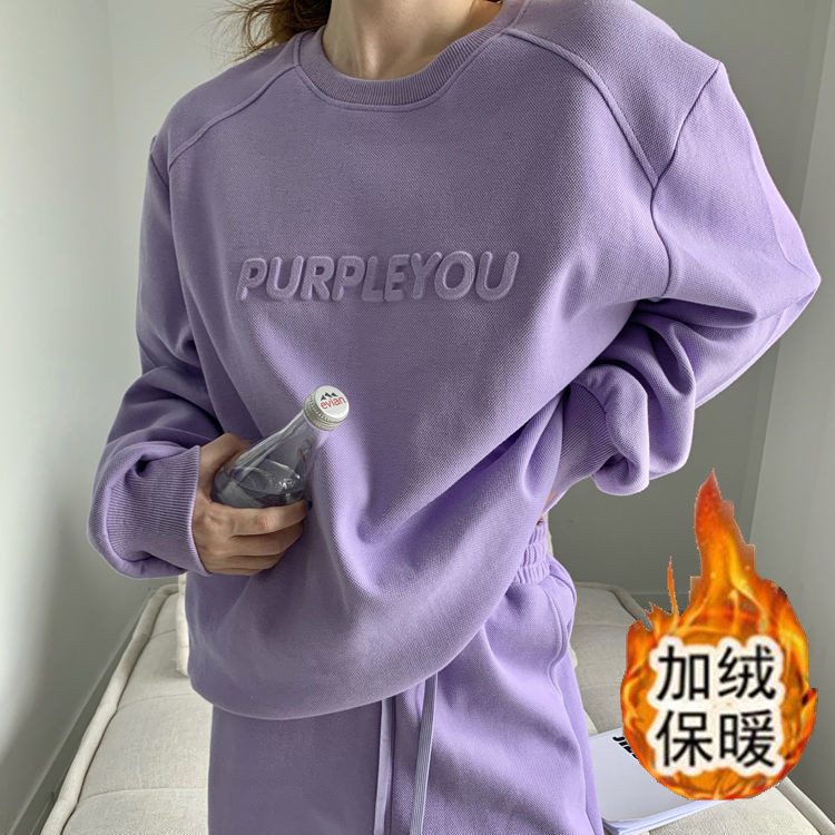 加絨加厚運動休閒套裝女秋冬季新款時尚寬鬆衛衣長褲兩件套