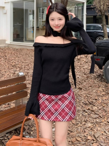 Korean style solid color ladylike design ruffled one-shoulder knitted top pure lust ribbon slim sweater for women