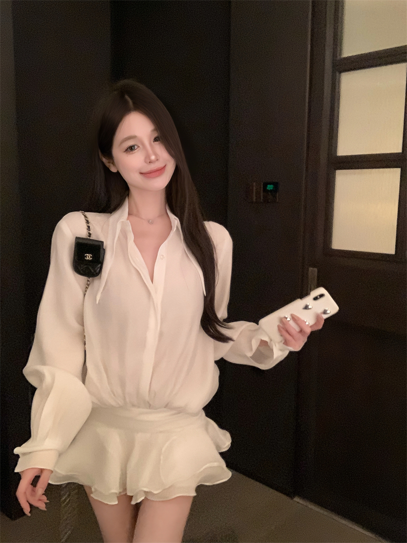 實拍 浪漫V領修身顯瘦荷葉邊慵懶襯衫連衣裙女